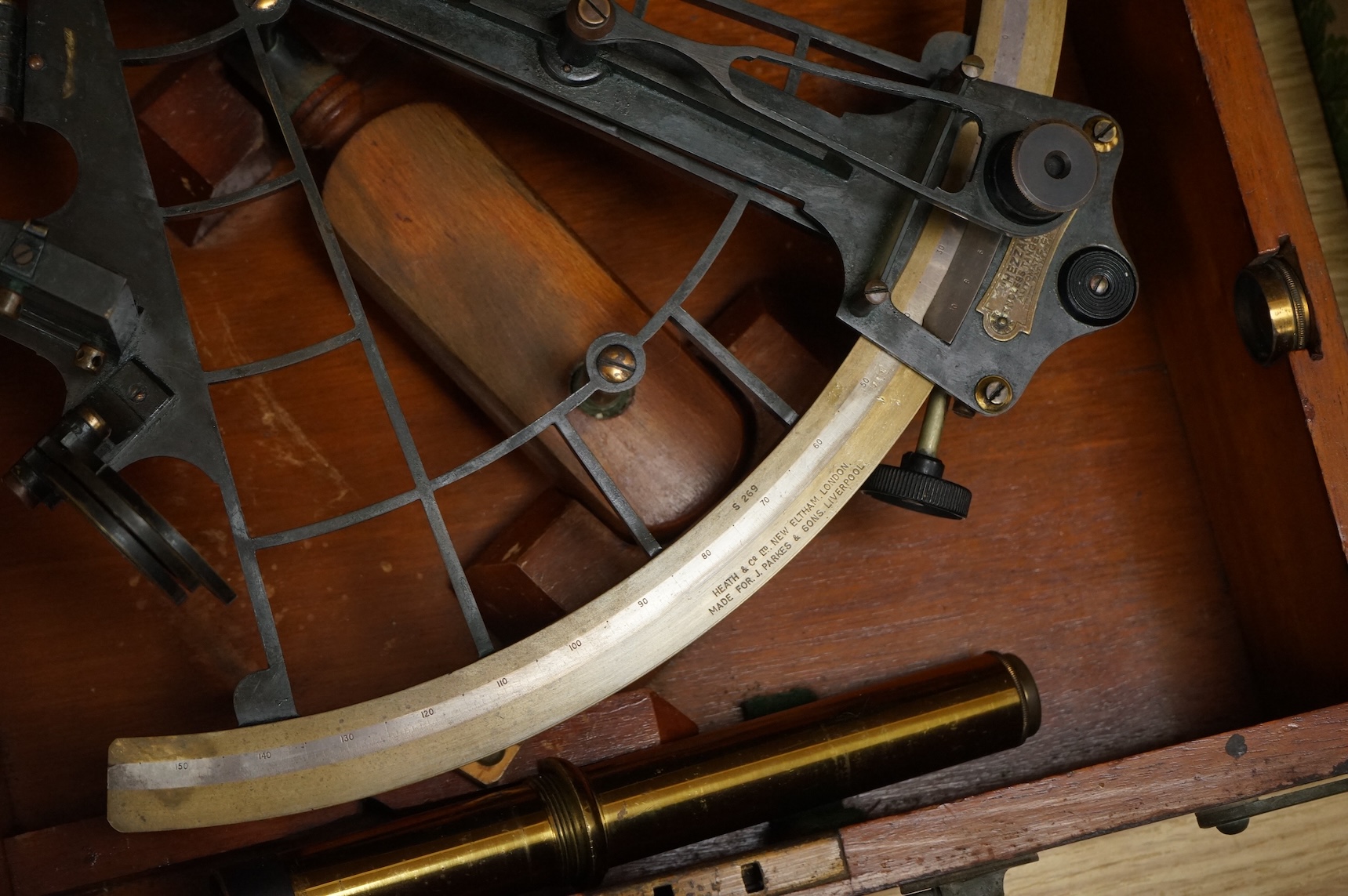 A 19th century mahogany cased sextant by Heath & co Ltd., New Eltham, London, in a fitted case with card label for the Hezzanith Observatory Works